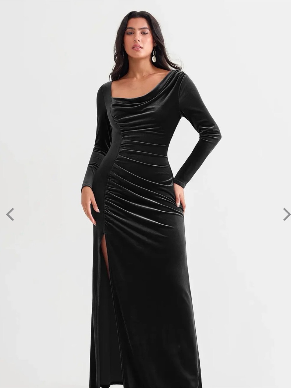 Popilush Long Sleeve Black Velvet Ruched Maxi Dress